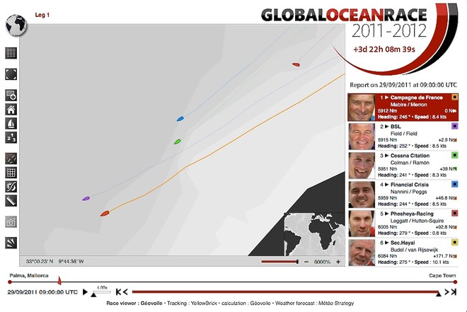Positions at 0900 UTC on 29 September - Day 4, Leg 1, Global Ocean Race - 2011 © Global Ocean Race http://globaloceanrace.com